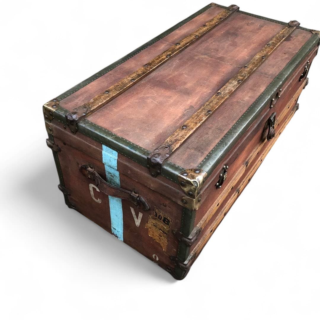 Vintage French wood and canvas travelling trunk by A St Hubert