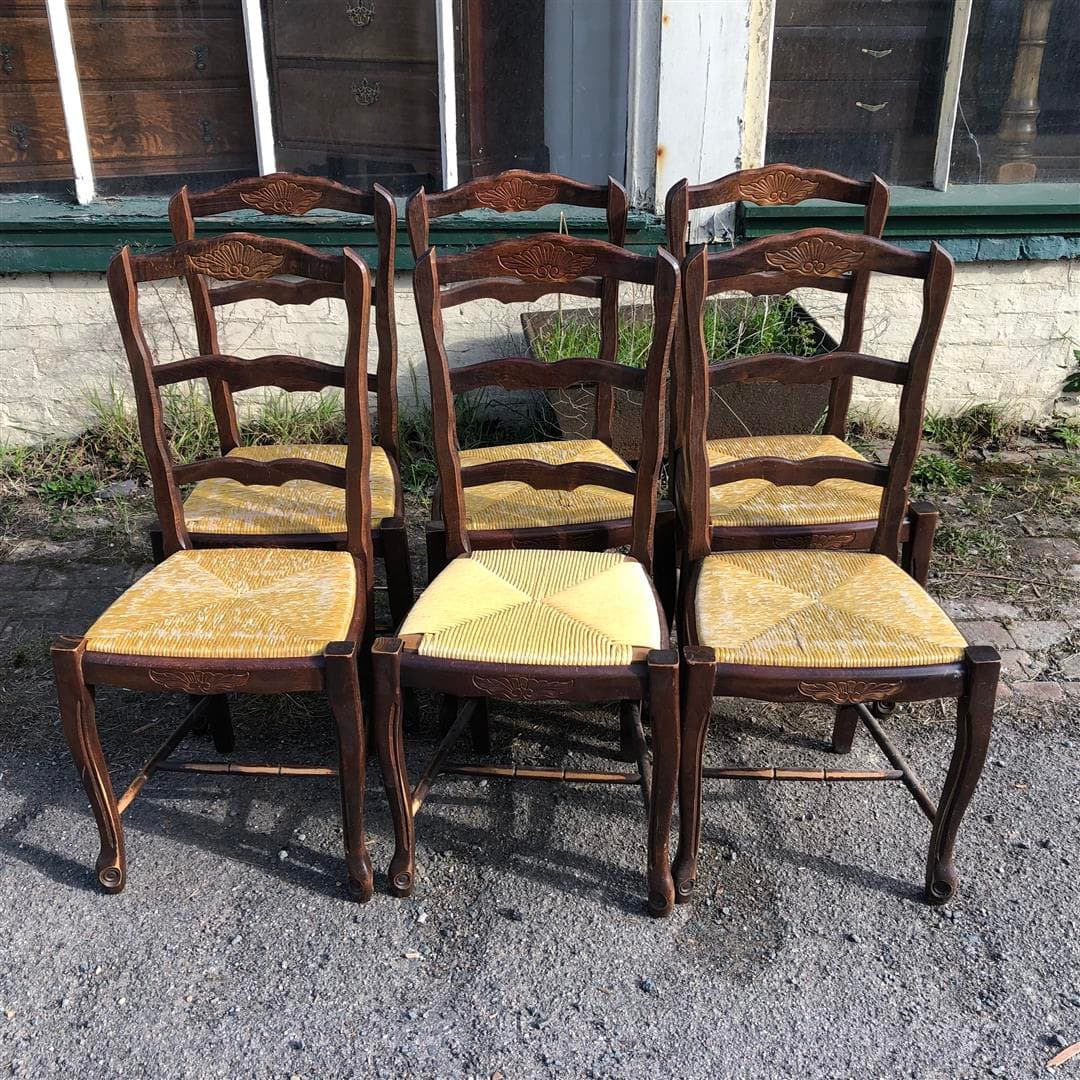 Set of six vintage French rush seated dining chairs