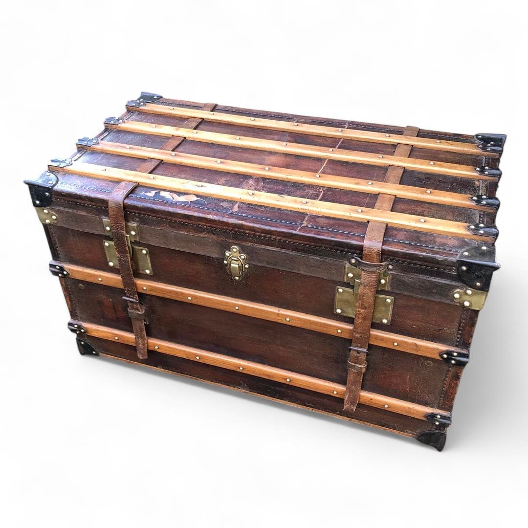 Antique French wood and leather steamer trunk by Au Touriste 1910s