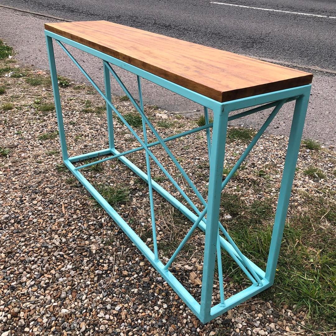 Stylish steel console table in pale blue finish and iroko wood top