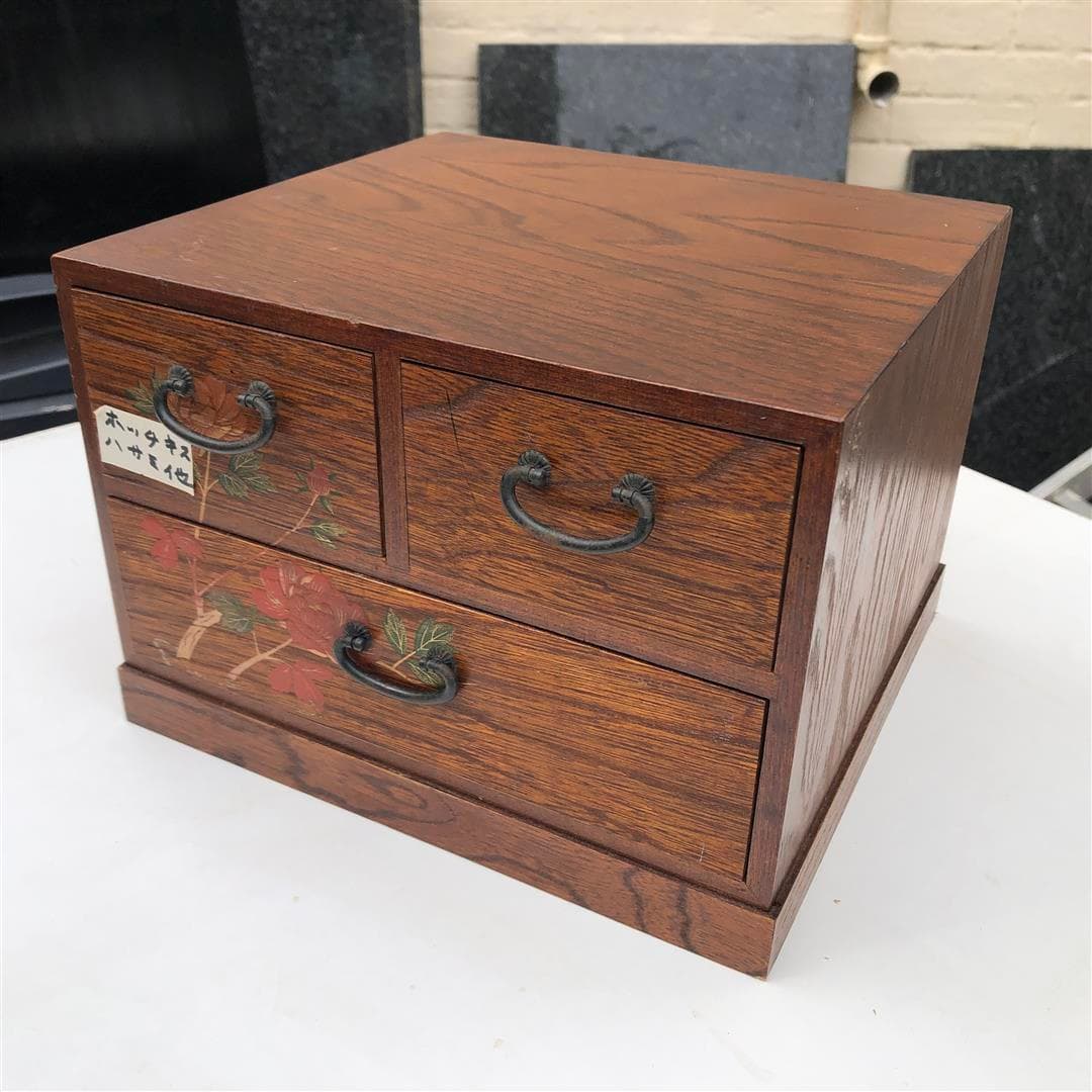 Small vintage hand painted Japanese haribako tansu sewing chest