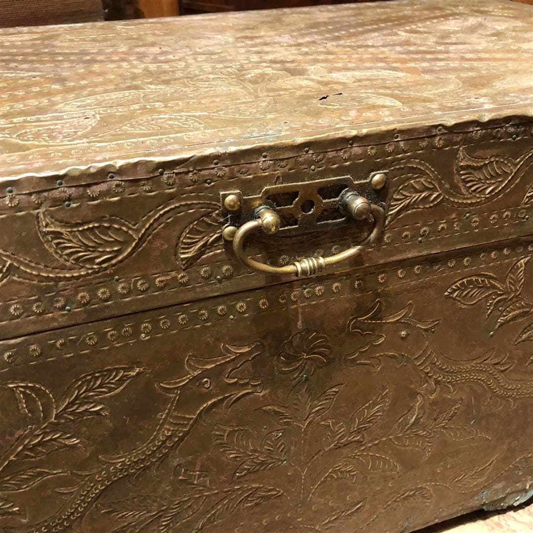 Antique embossed brass covered box oriental dragon design 1920s