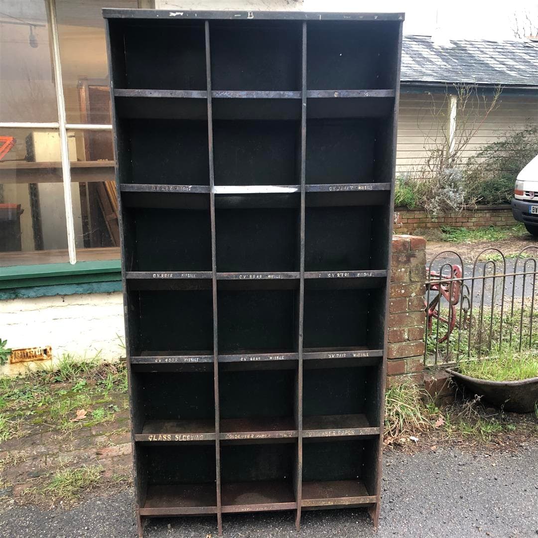 Vintage tall metal pigeonhole shelves in original green paint