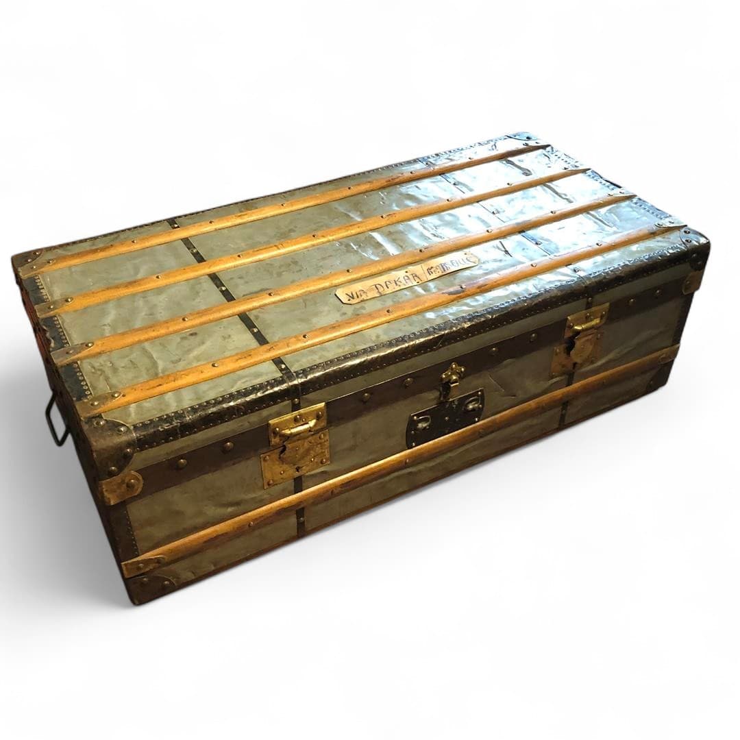 Vintage French metal covered steamer trunk 1920s