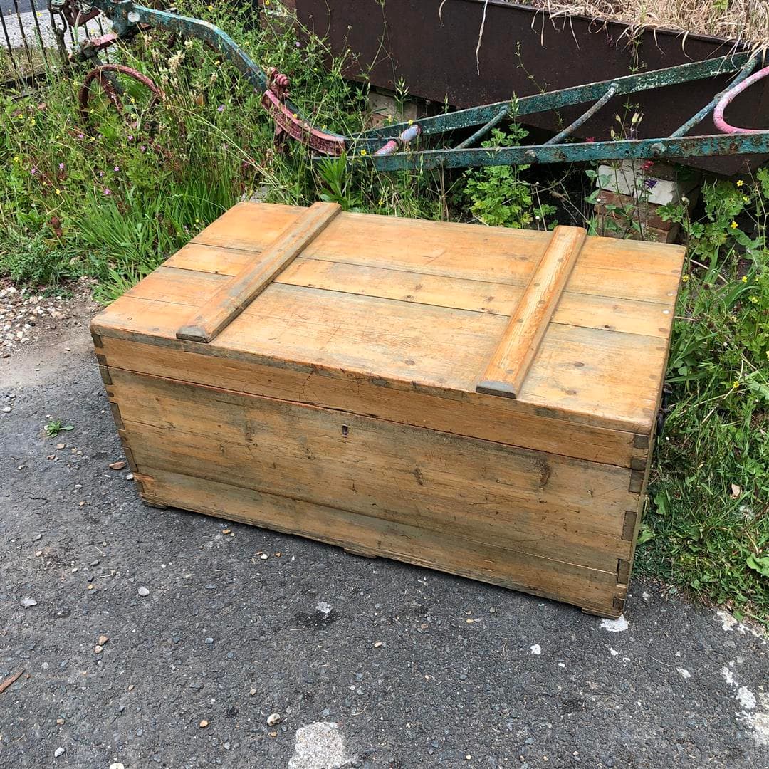 Antique pine and elm wood box with plank top 1920s