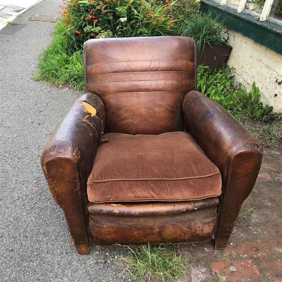 Vintage French leather club chair damaged