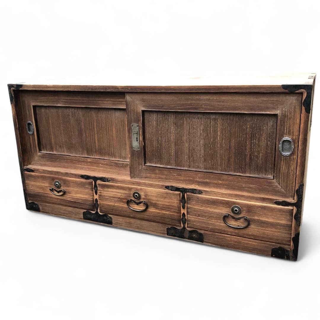 Vintage Japanese kiri wood low tansu cabinet with sliding doors
