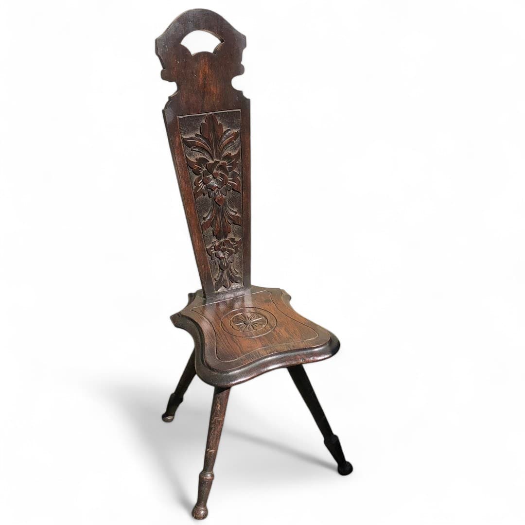 Antique oak small spinning chair carved flowers