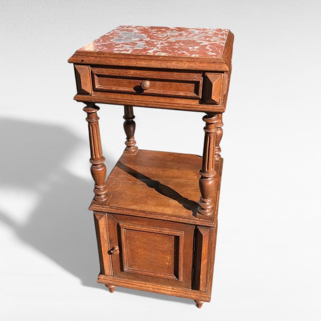 Antique French oak bedside table with red marble top 1920s