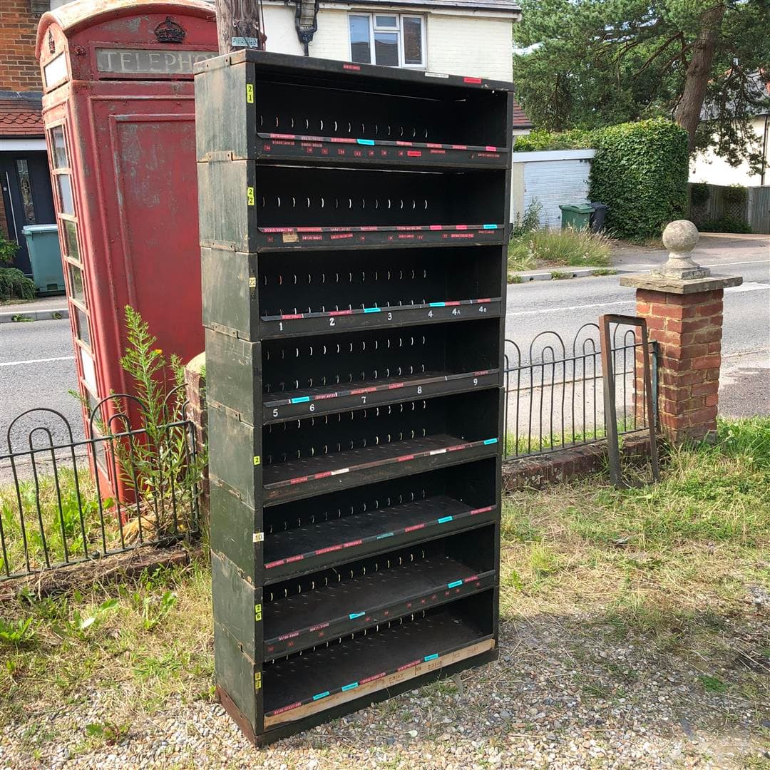 Vintage green metal stacking workshop shelves x 8 with base and top