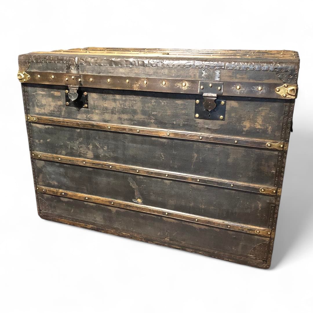 Large antique French steamer trunk wood black canvas 1910s