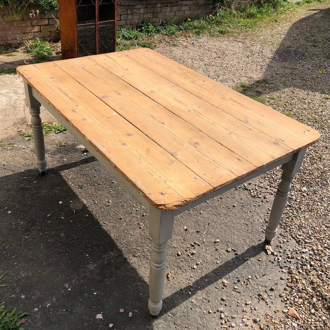 Antique pine plank top kitchen dining table country farmhouse with worn grey paint base